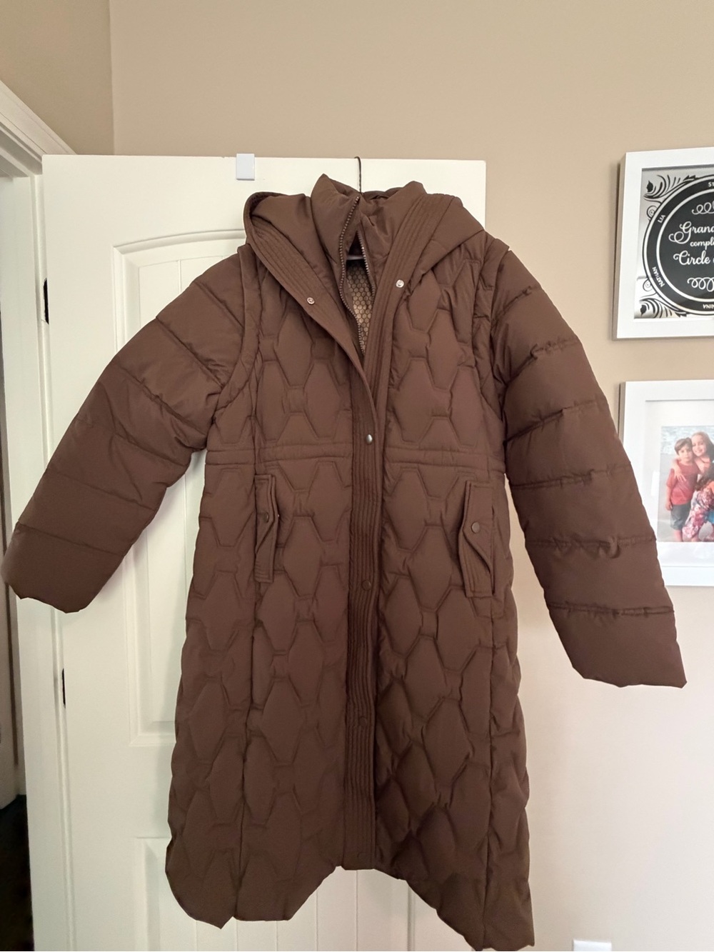 Women's Brown Quilted Hooded Long Puffer Coat